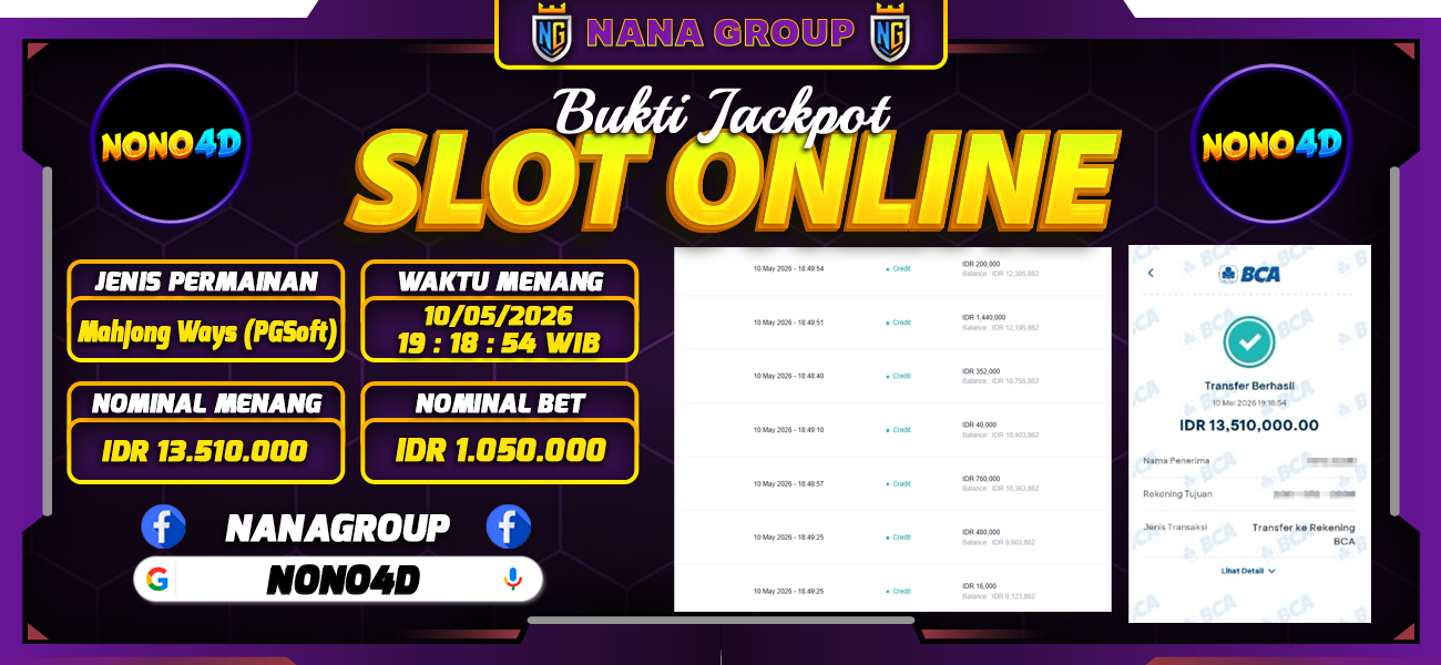 Bukti Kemenangan Besar Dibayar lunas Member NONO4D RP 13.510.000, 10 Mei 2026