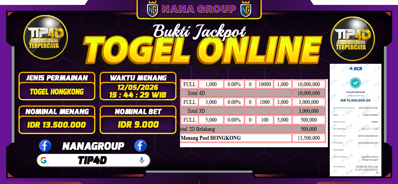 Bukti Kemenangan Besar Dibayar lunas Member TIP4D RP 13.500.000, 12 Mei 2026