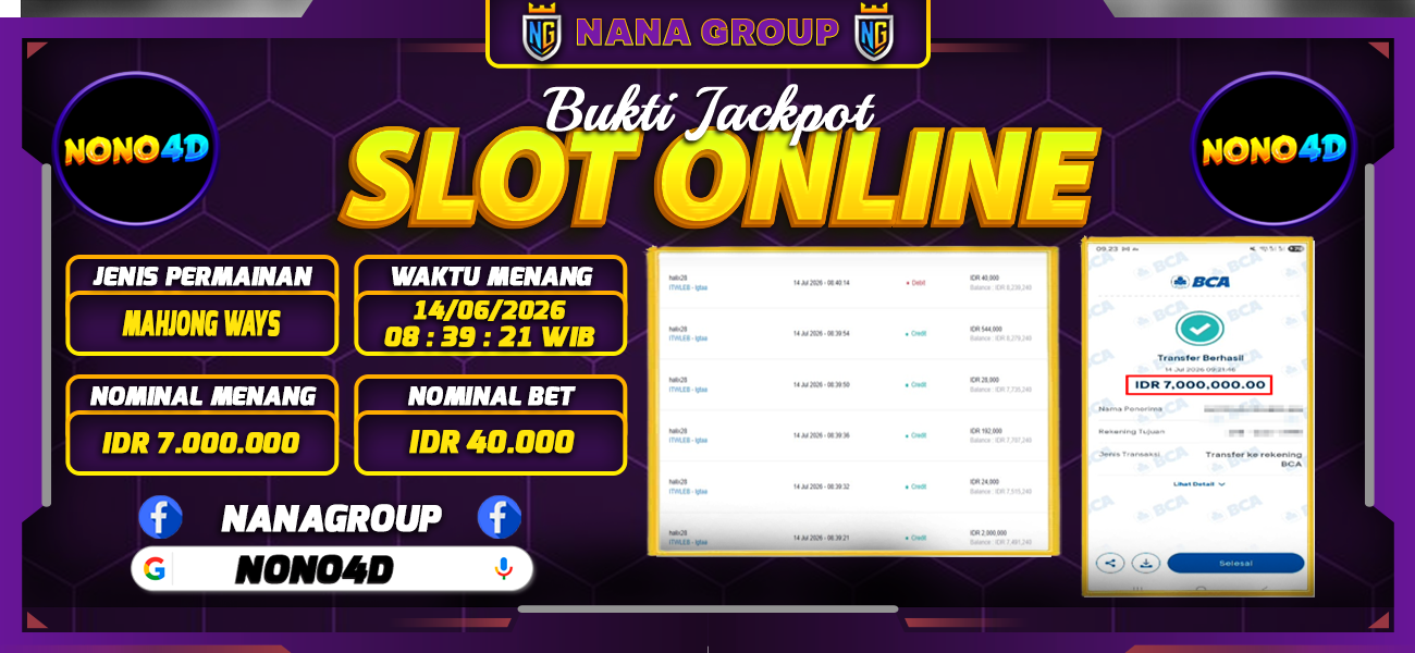 Bukti Kemenangan Besar Dibayar lunas Member NONO4D RP 7.000.000, 14 Juli 2026
