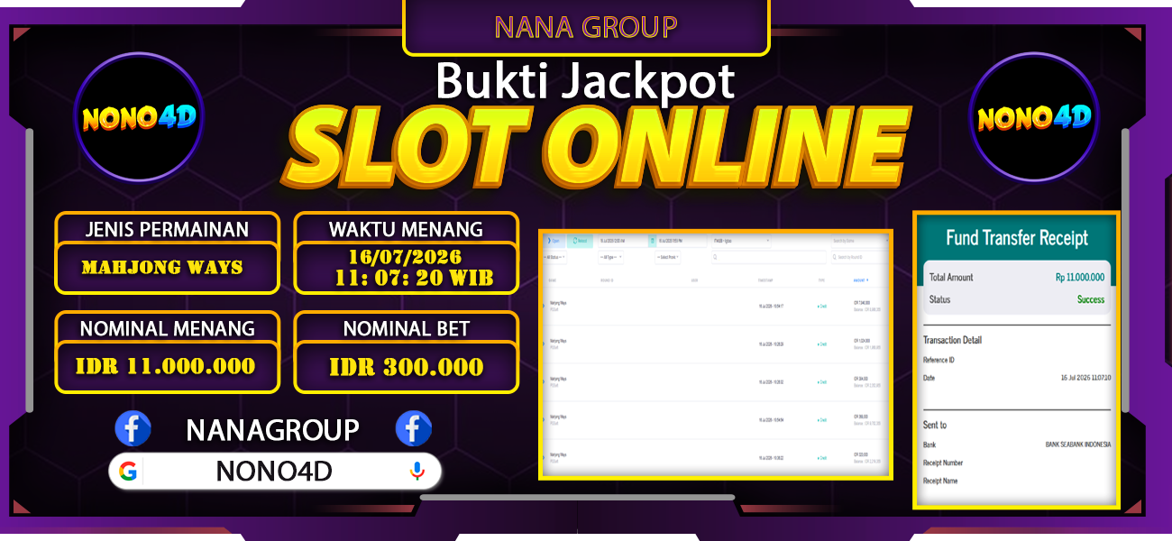 Bukti Kemenangan Besar Dibayar lunas Member NONO4D RP 11.000.000, 16 Juli 2026