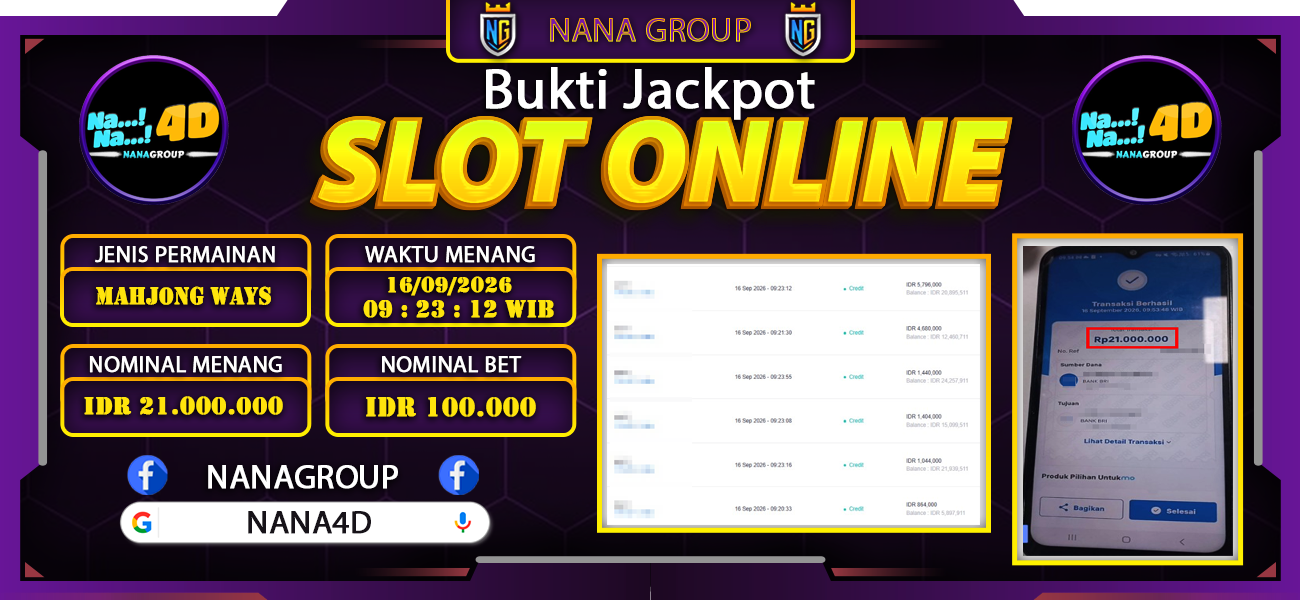 Bukti Kemenangan Besar Dibayar lunas Member NANA4D RP 21.000.000, 16 September 2026
