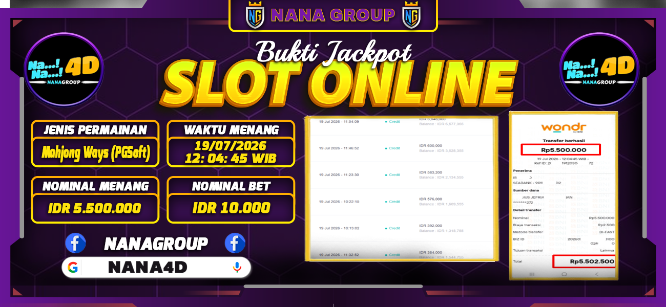 Bukti Kemenangan Besar Dibayar lunas Member NANA4D RP 5.500.000, 19 Juli 2026