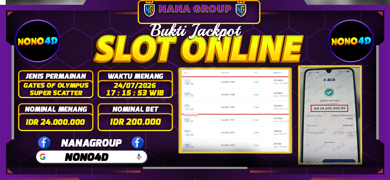 Bukti Kemenangan Besar Dibayar lunas Member NONO4D RP 24.000.000, 24 Juli 2026