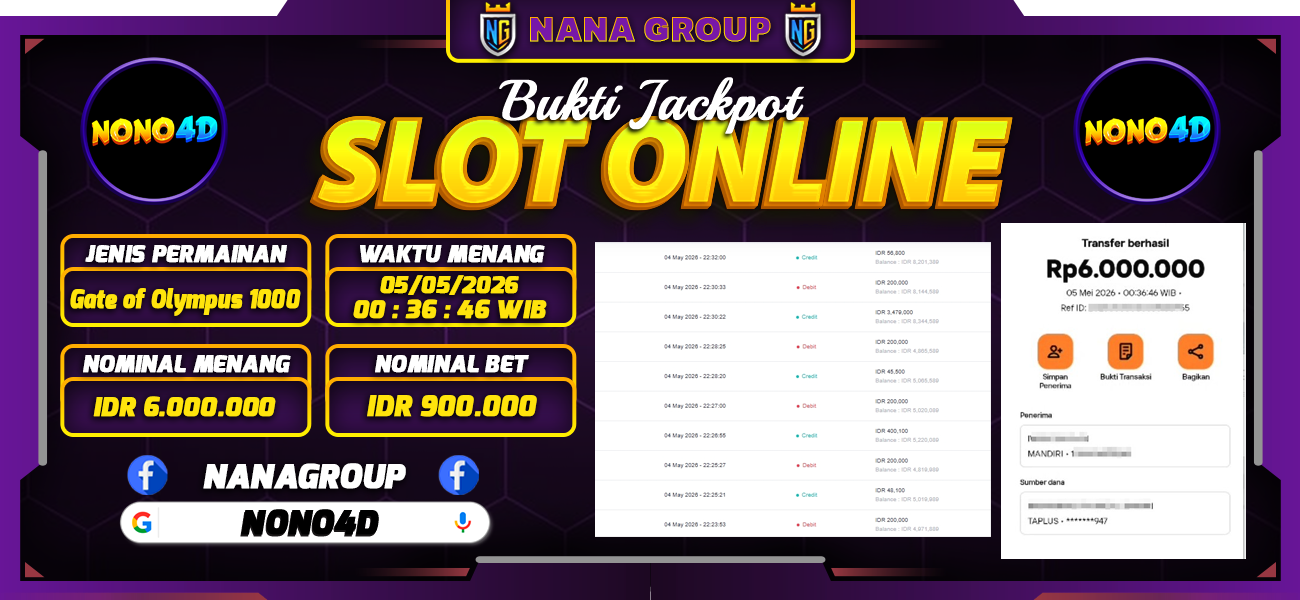 Bukti Kemenangan Besar Dibayar lunas Member NONO4D RP 6.000.000, 5 Mei 2026